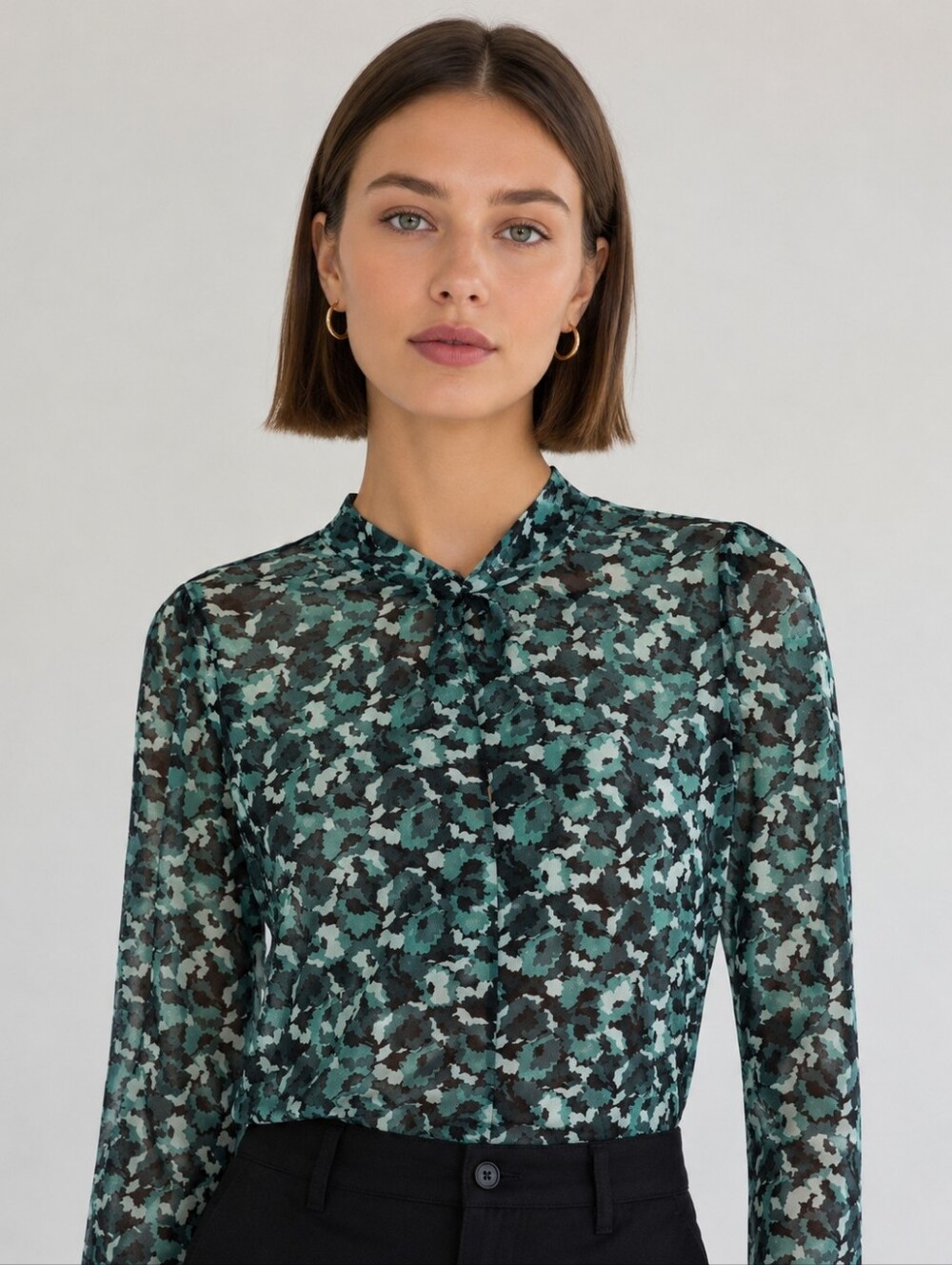 RW&CO FLORAL MESH MOCK NECK TOP SIZE LARGE SHEER LONG SLEEVE BLOUSE